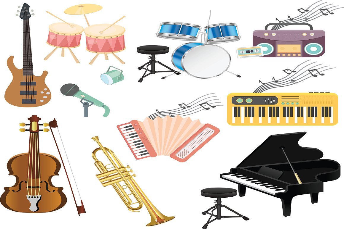 A selection of colorful images of musical instruments.