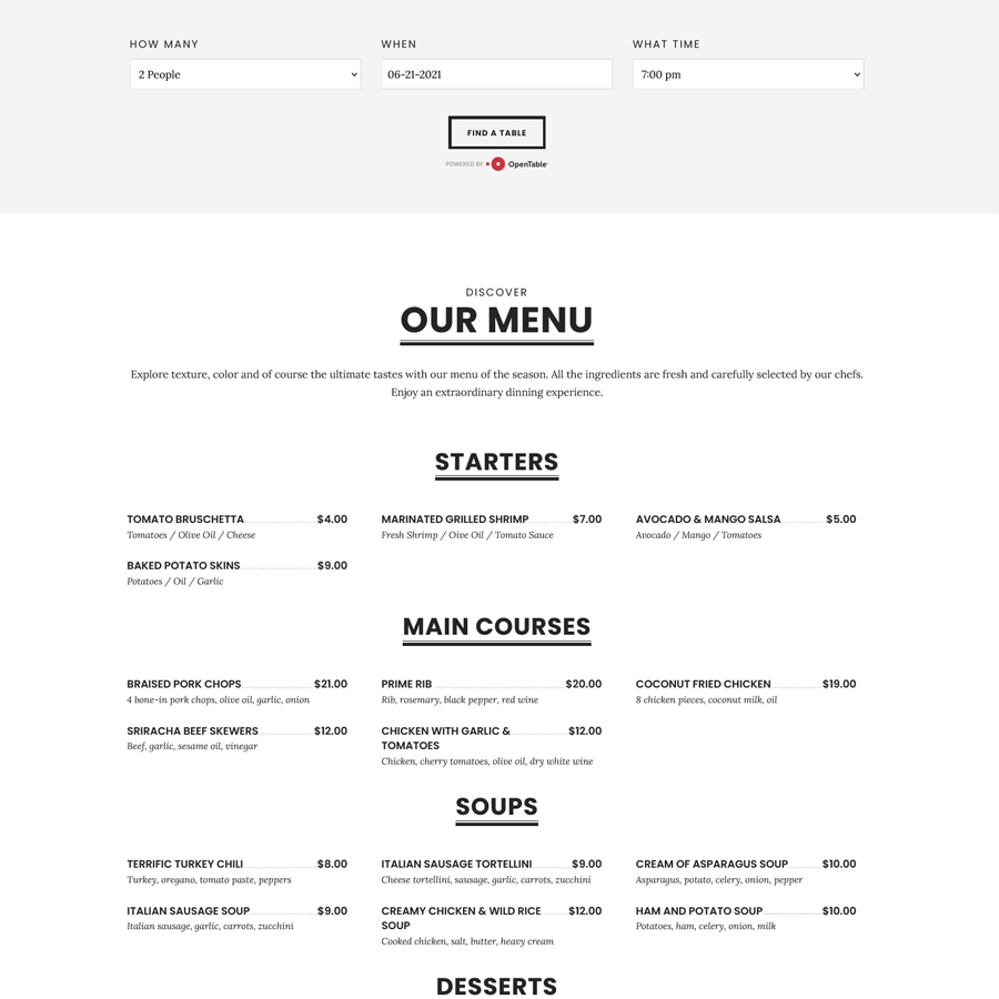 Image of the page with the restaurant menu of the wordpress template.