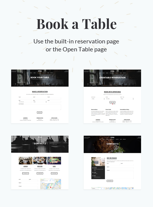 A pack of wonderful pages of the restaurant theme WordPress template.