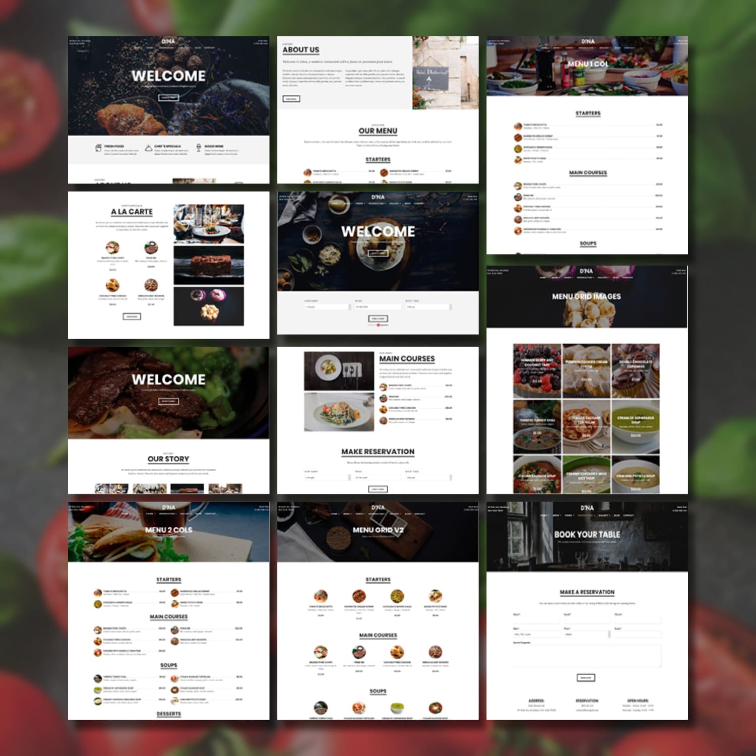 A set of adorable restaurant themed WordPress template pages.
