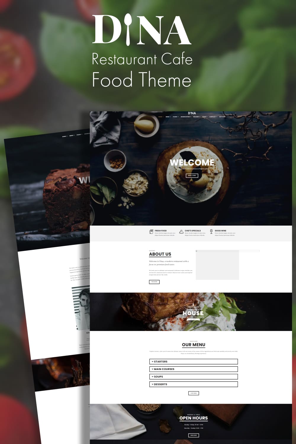 A selection of colorful pages of the WordPress template on the restaurant theme.