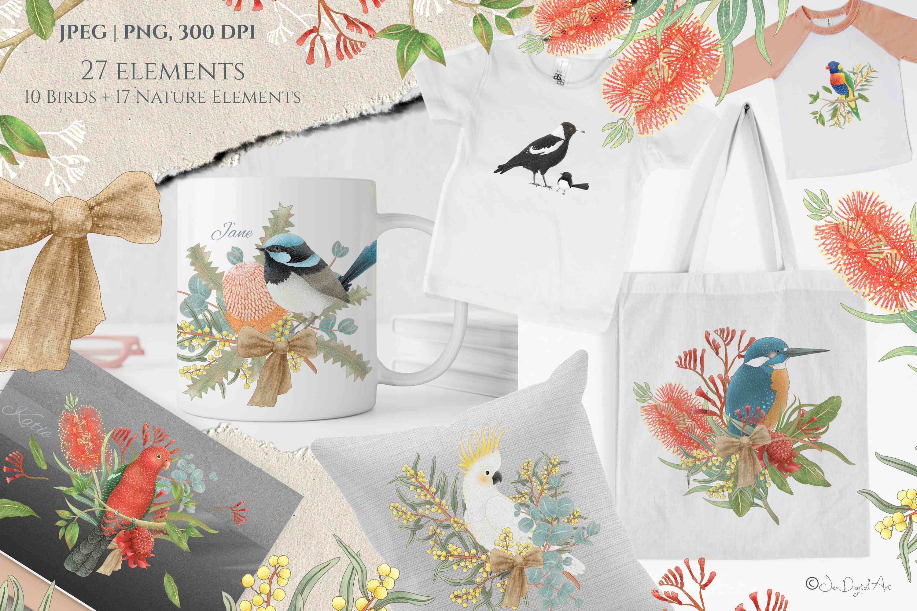 Amazing Australian Birds and Flowers Collection Clipart Design preview image.