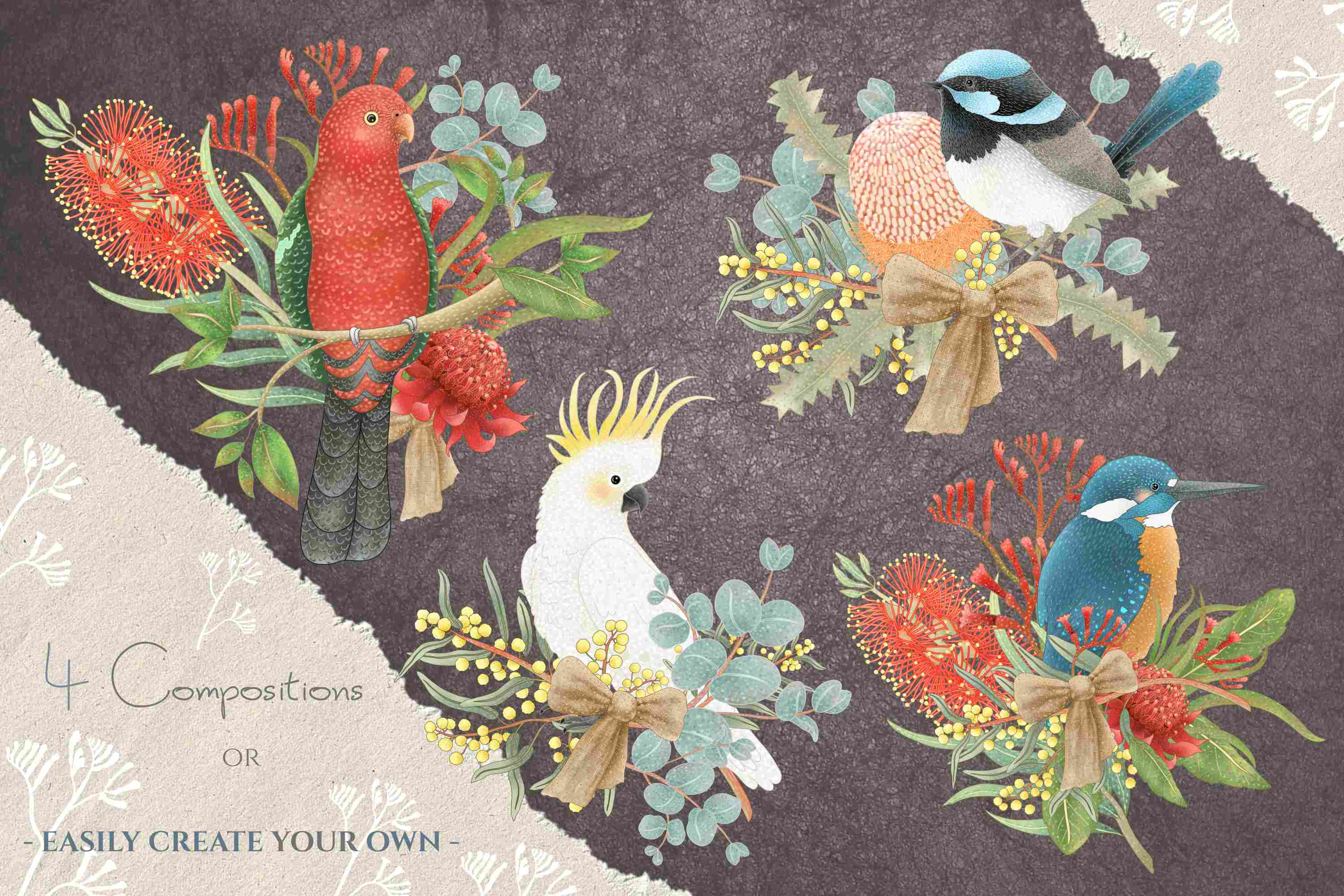 Beautiful Birds and Flowers Collection Clipart Design preview image.