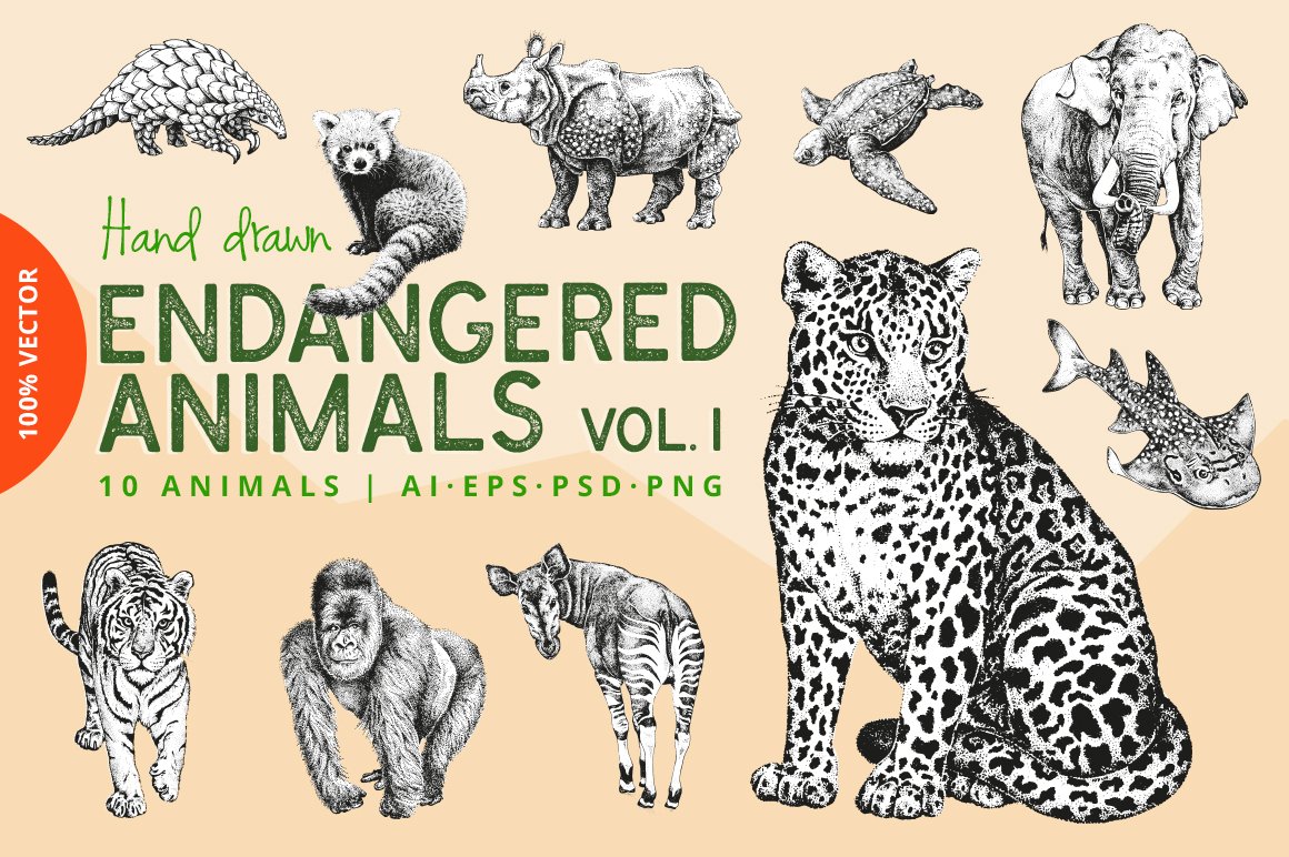 Green lettering "Endangered Animals" and different gray illustrations on a pink background.