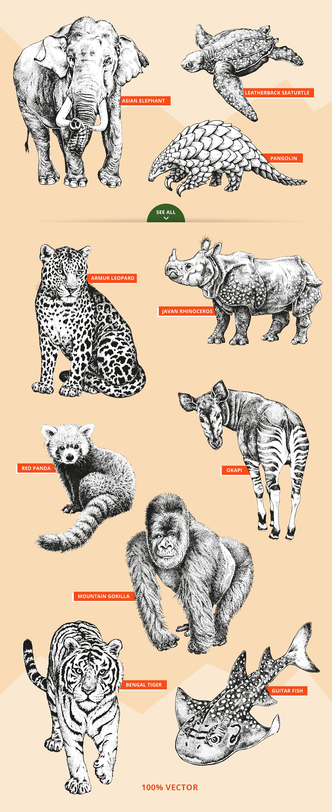 A set of different endangered animals on a pink background.