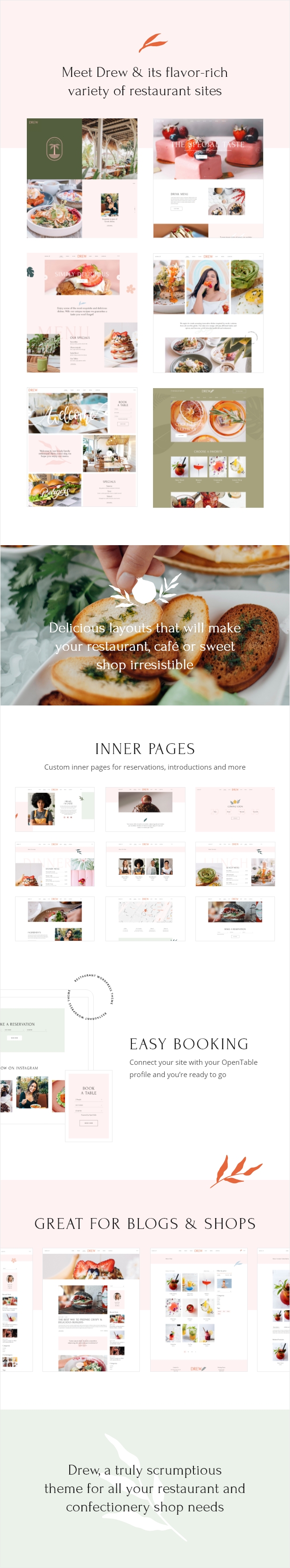 A selection of elegant restaurant theme WordPress pages.
