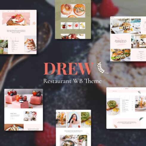A pack of colorful pages of a restaurant themed wordpress template.