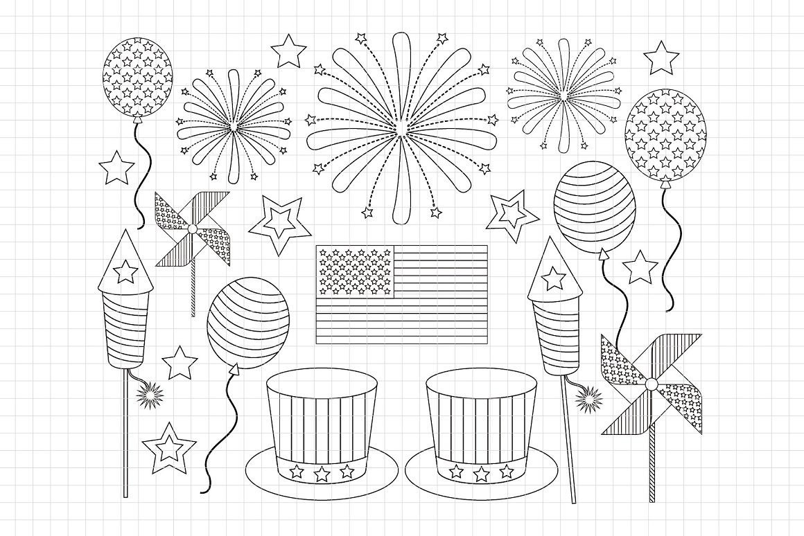 A set of different black illustrations of 4th of July stamp on a white background.