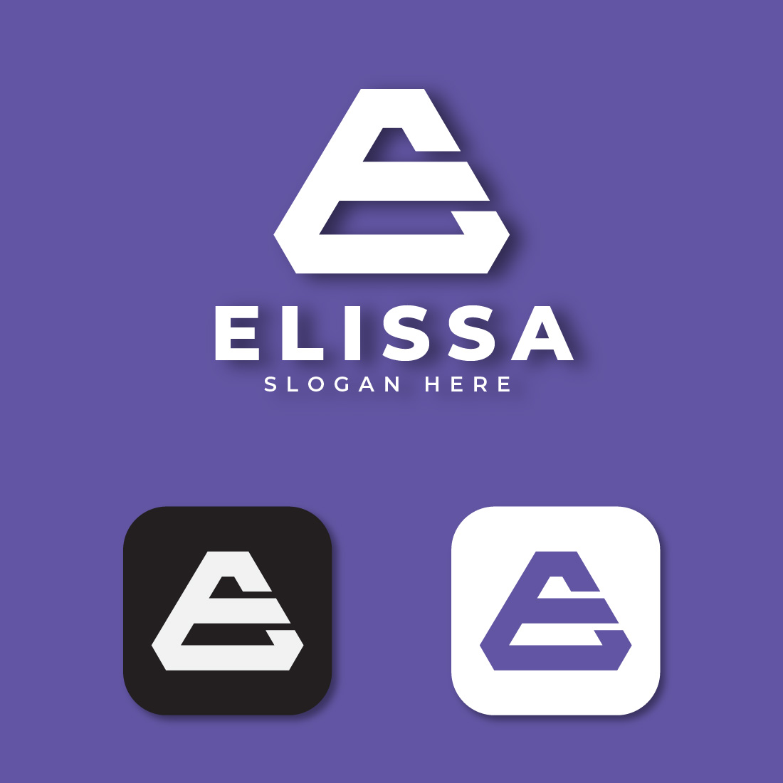 E Letter Triangle Monogram Logo Design Template preview with violet background.