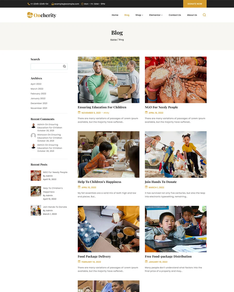 Blog page of oncherity charity, donation, nonprofit elementor wordpress theme.