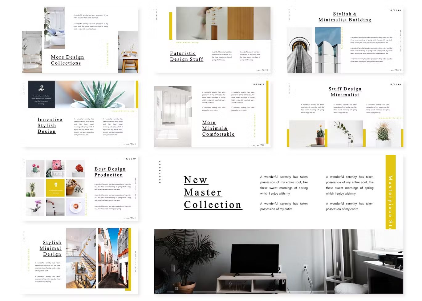 A set of 9 different minimalist presentation branding templates.