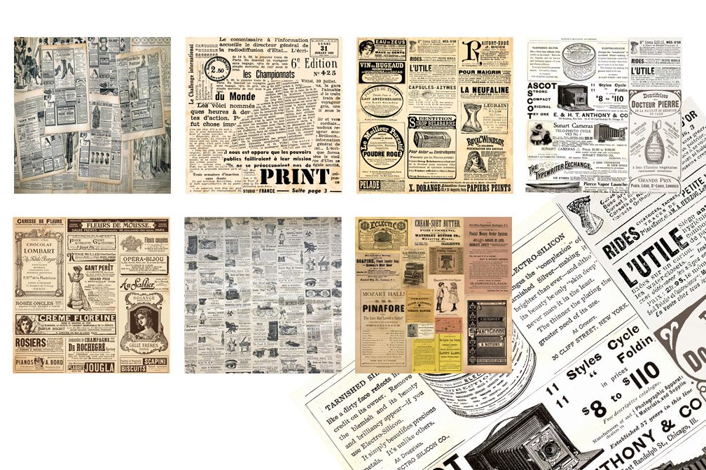 7 different vintage newspapers digital papers textures on a white background.