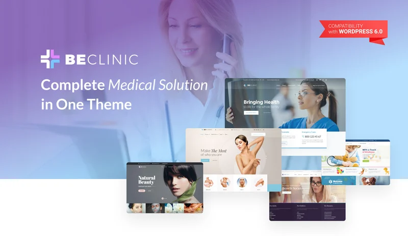 Cover with white lettering "Beclinic Complete Medical Solution in One Theme" and different templates of homepage on a white and gradient background.