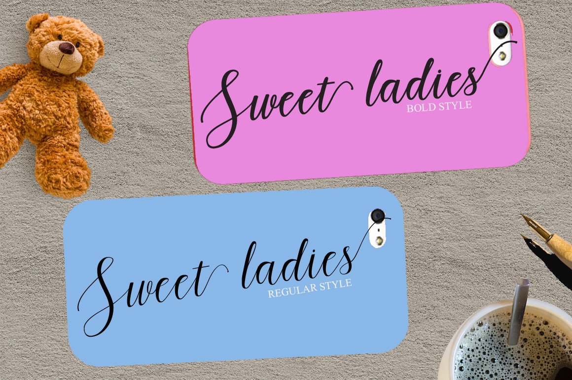 Pink and blue iphone cases with black lettering "Sweet ladies".