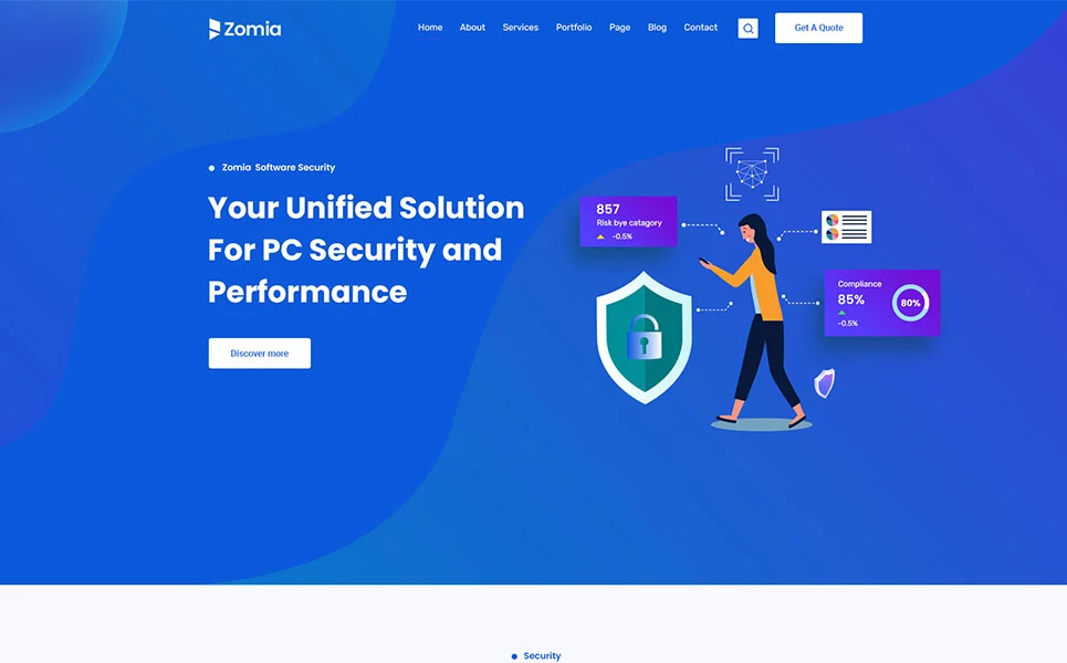 Blue and white homepage of zomia multi-purpose wordpress theme for saas startup.