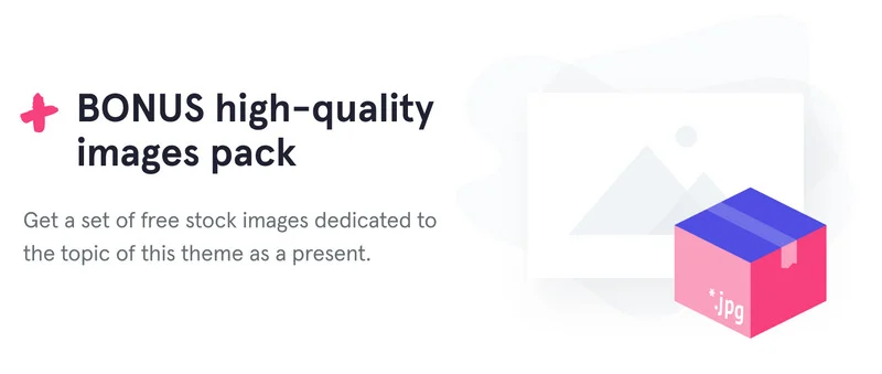 Title "Bonus high-quality images pack", pink and purple icon and text section on a white background.