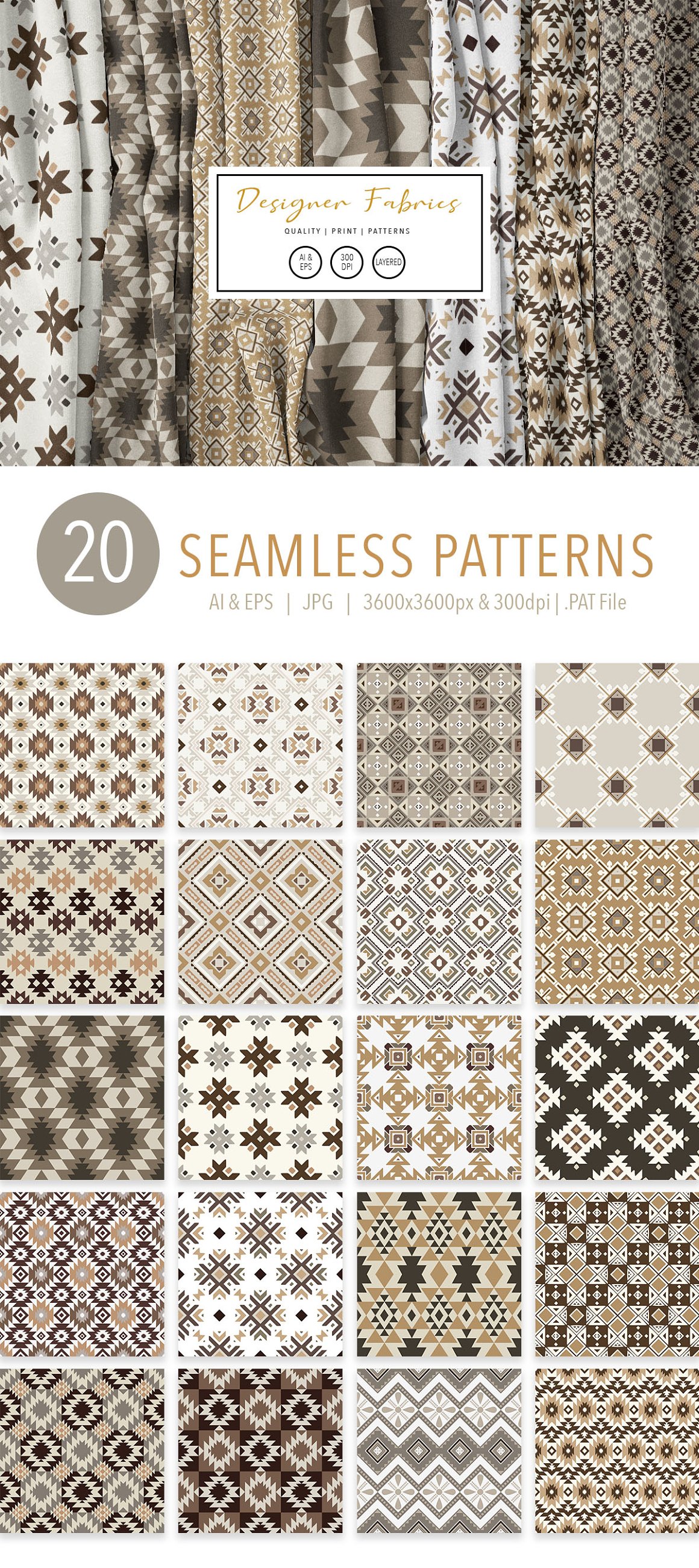 A set of 20 different seamless fabrics patterns.