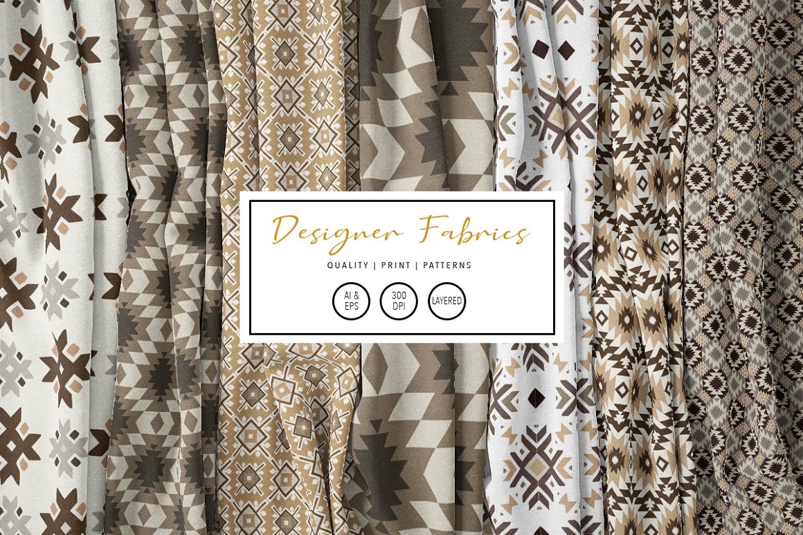 Golden lettering "Designer fabrics" and different fabrics with earthy aztec patterns.
