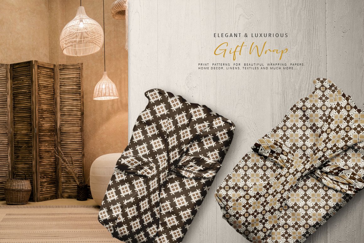 Brown and beige gift wrapping paper with earthy aztec patterns on a wooden background.