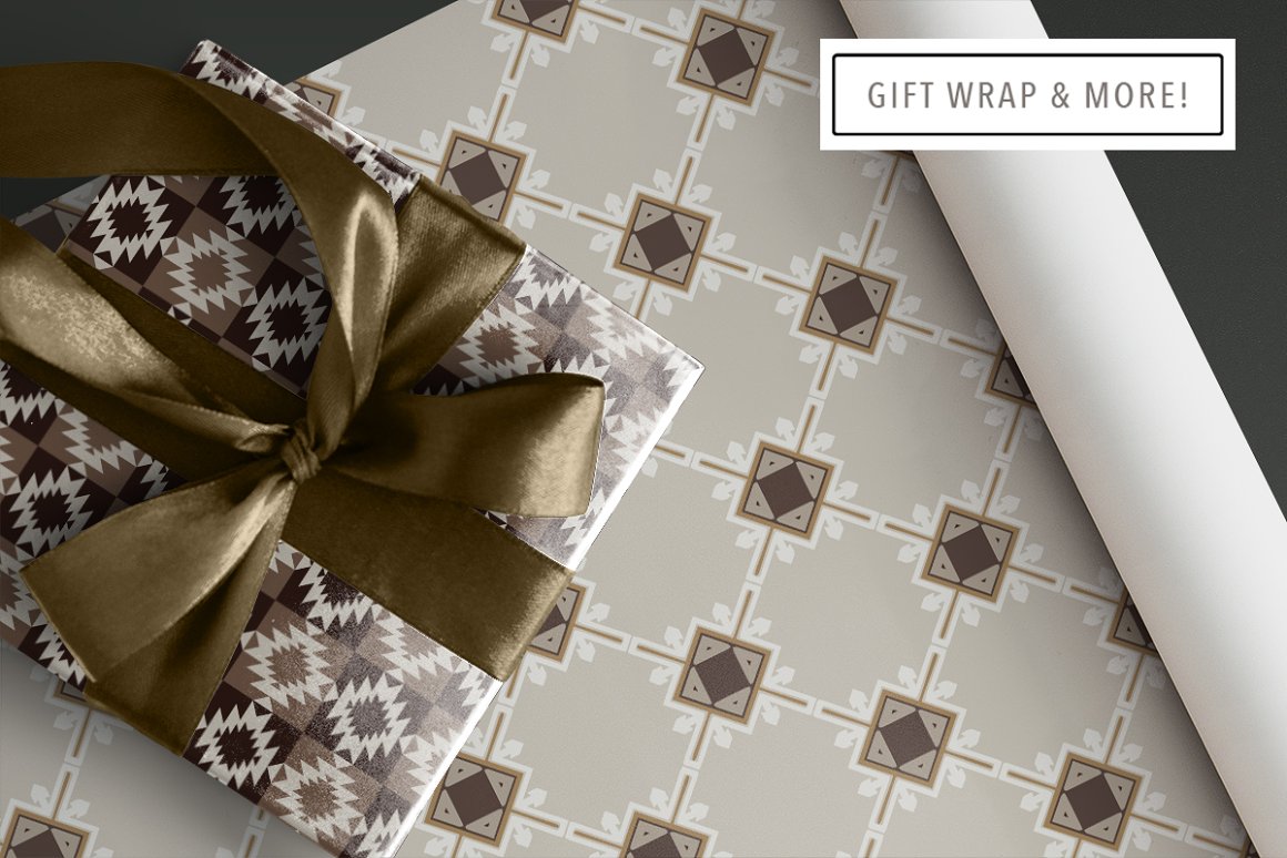 Giftwrap with earthy aztec patterns on a gray background.