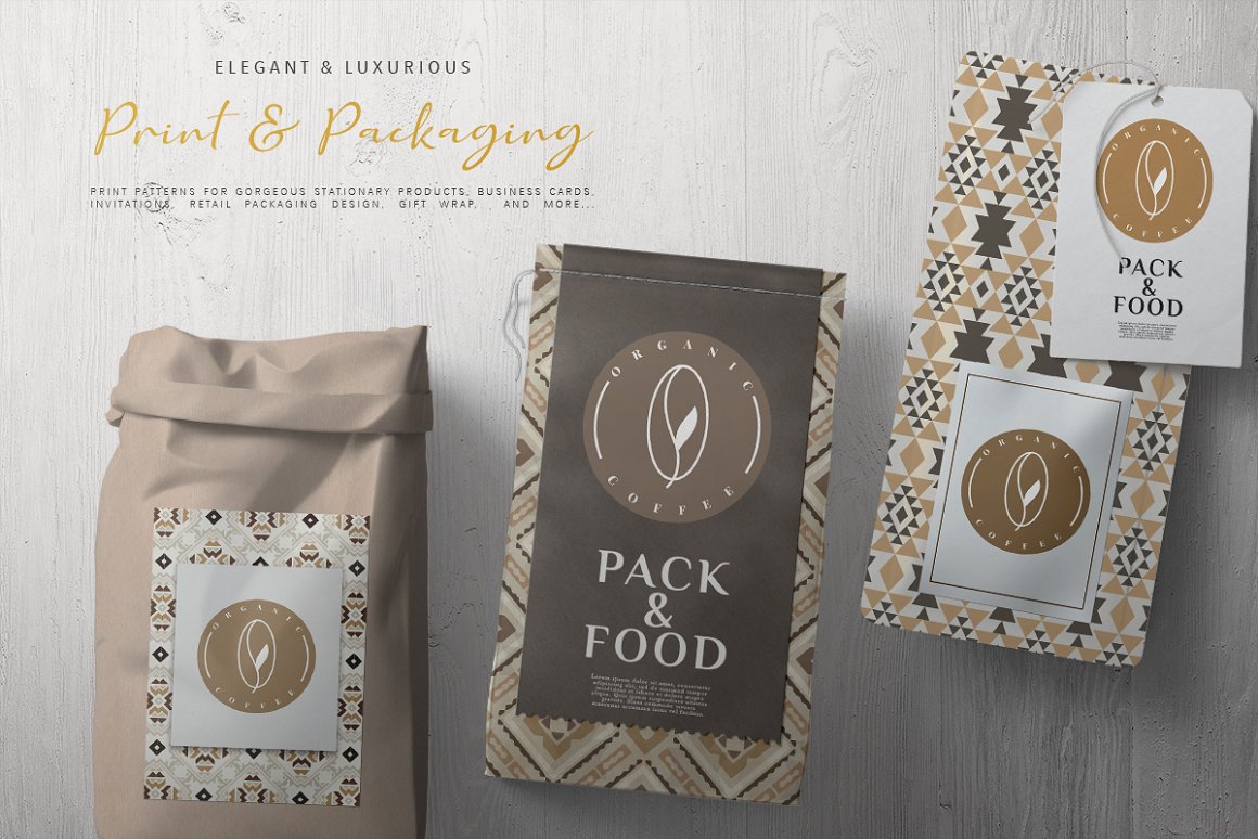 3 packaging with earthy aztec patterns on a wooden background.