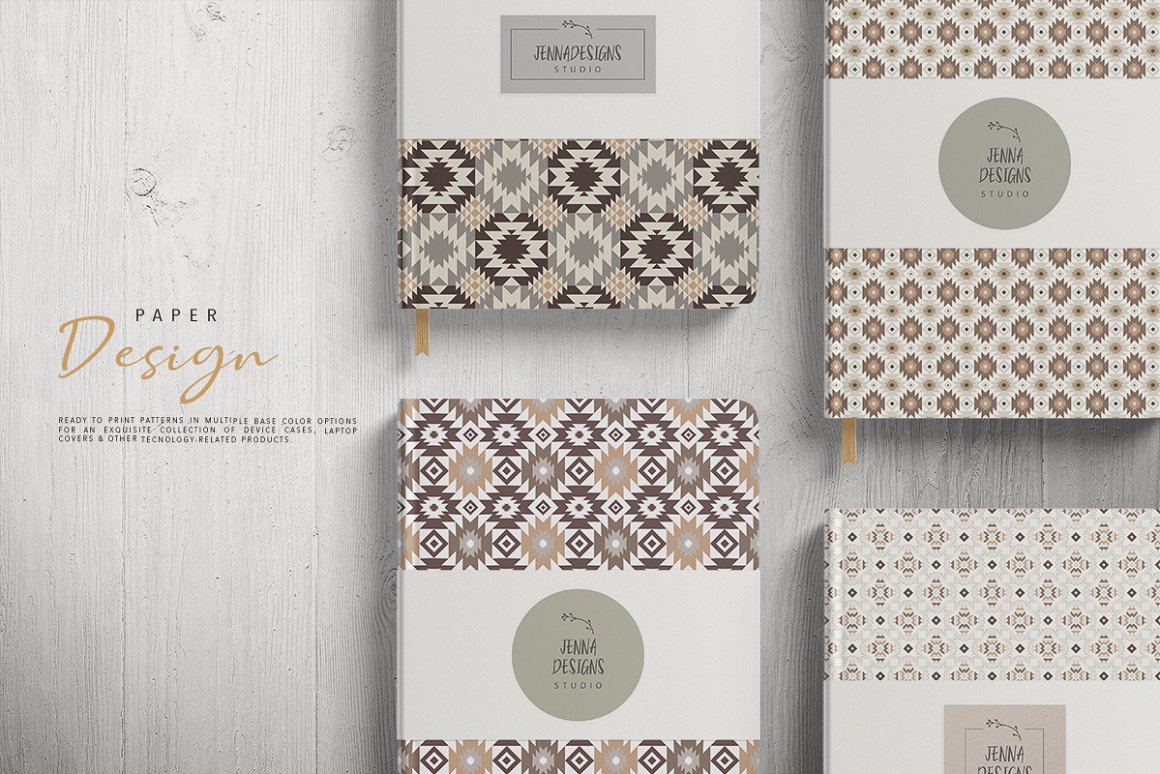 Paper design for 4 notebooks with earthy aztec patterns on a wooden background.