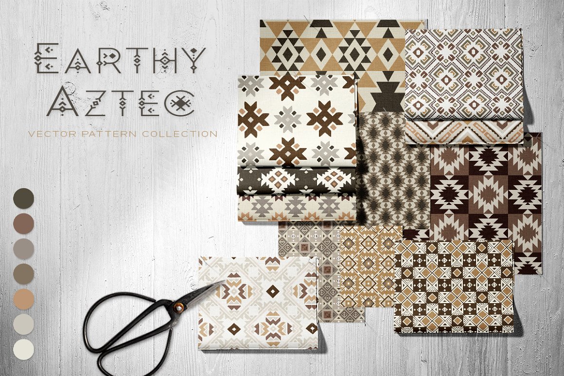 Cover with black lettering "Earthy Aztec" and fabrics with earthy aztec patterns on a wooden background.