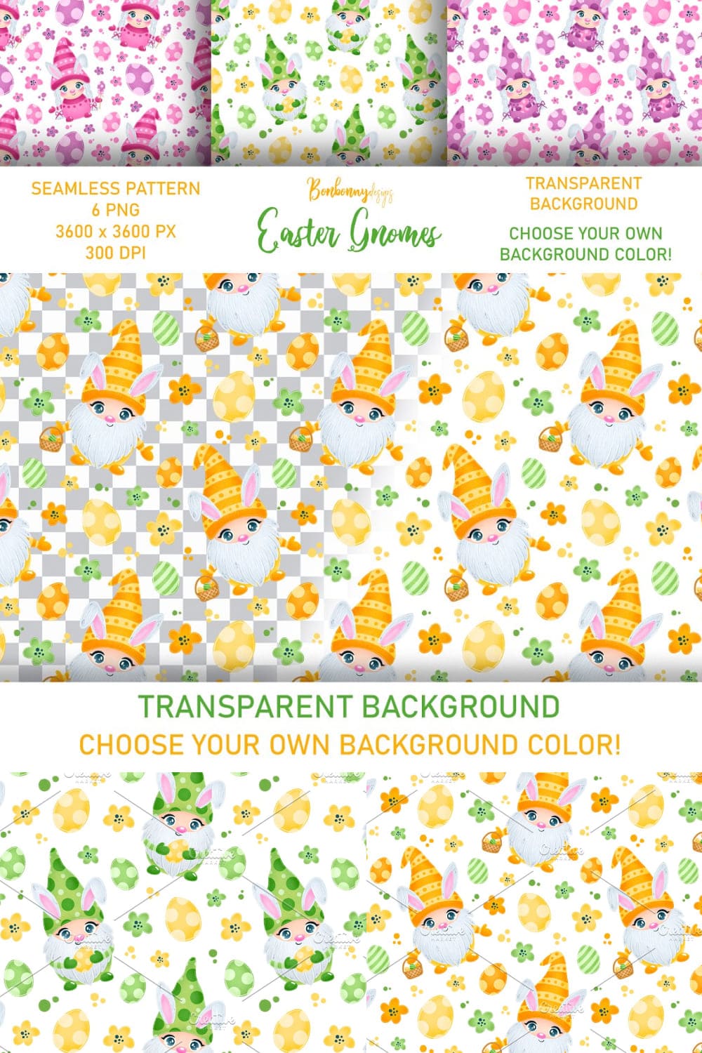 Easter Bunny Gnomes Seamless Pattern - pinterest image preview.