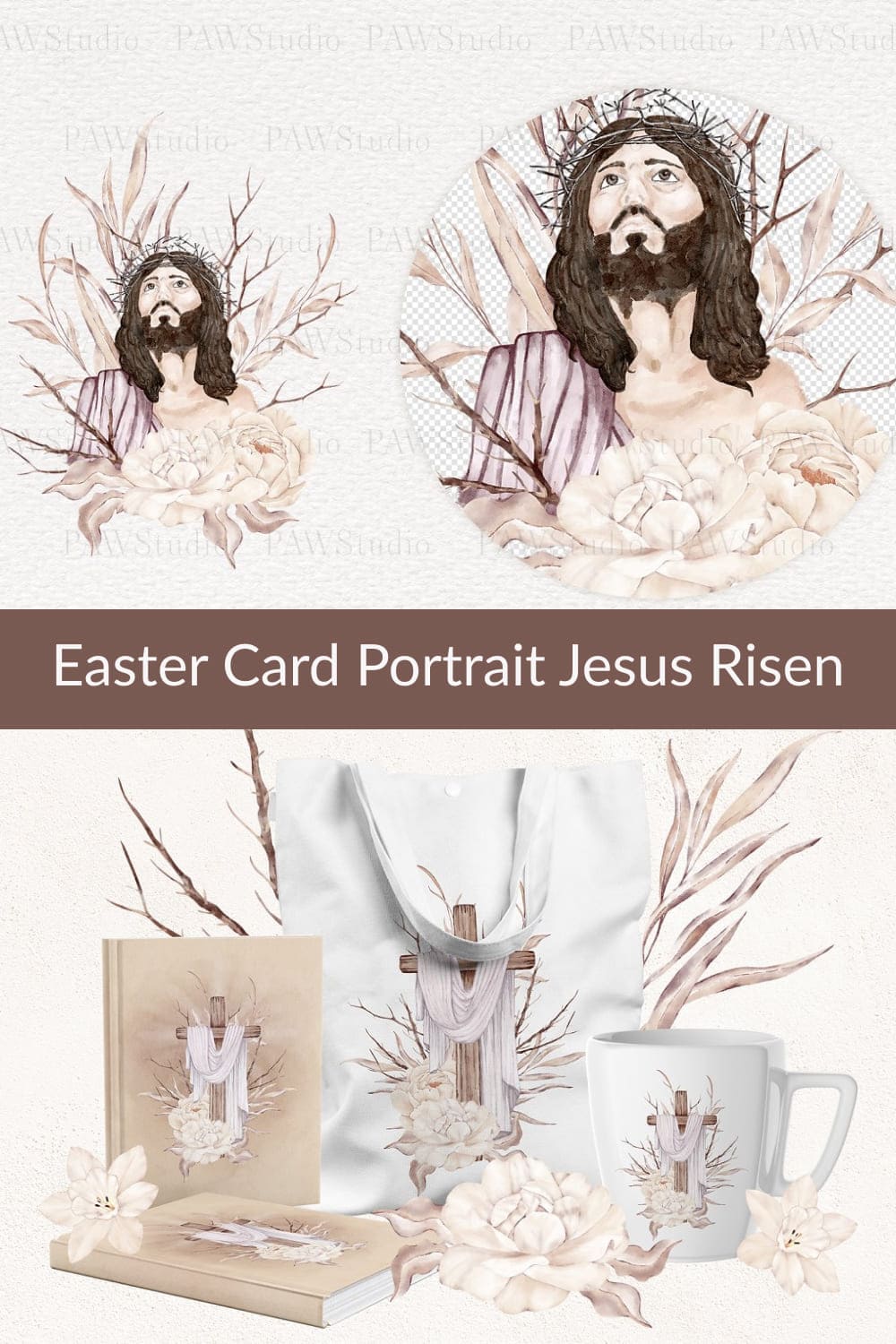 Easter Card Portrait Jesus Risen - pinterest image preview.