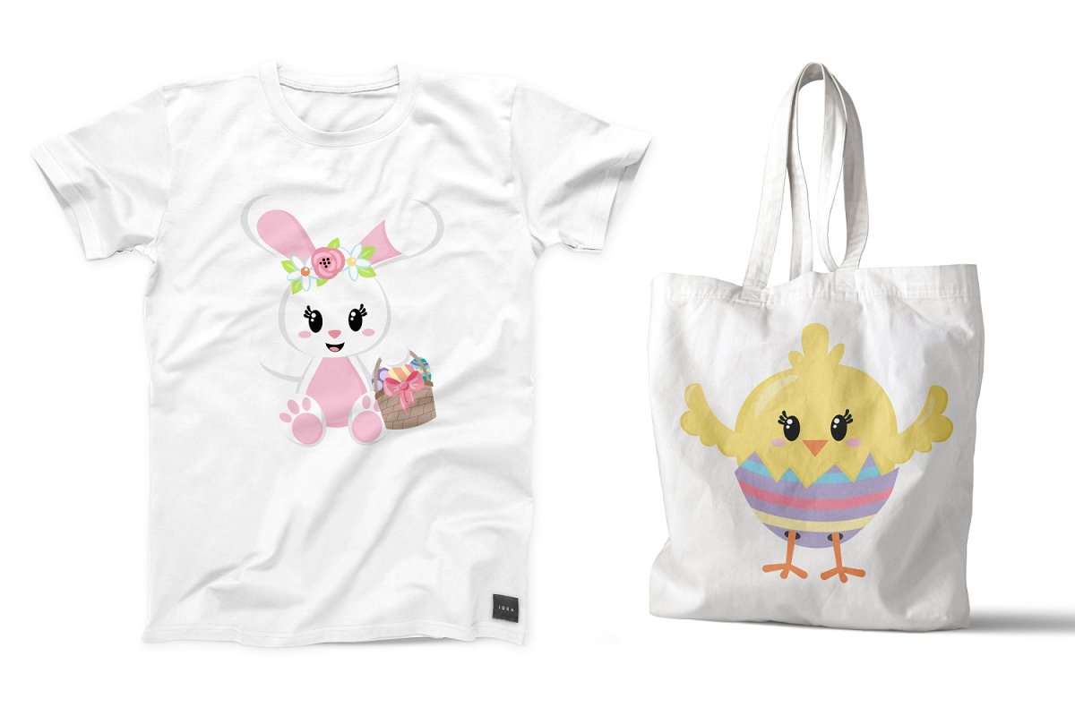Easter Clipart White Bunnies - t-shirt and shopping bag preview.