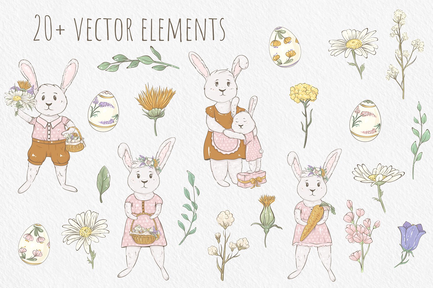 Separate Easter elements in a pastel.