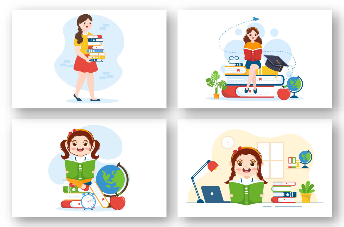 Collection of cartoon images of girls reading a book.