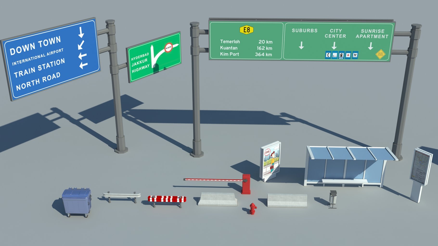 Rendering of unique low poly 3d model of city signposts