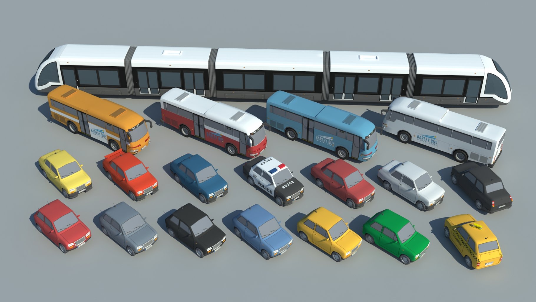 Rendering of adorable low poly 3d car models
