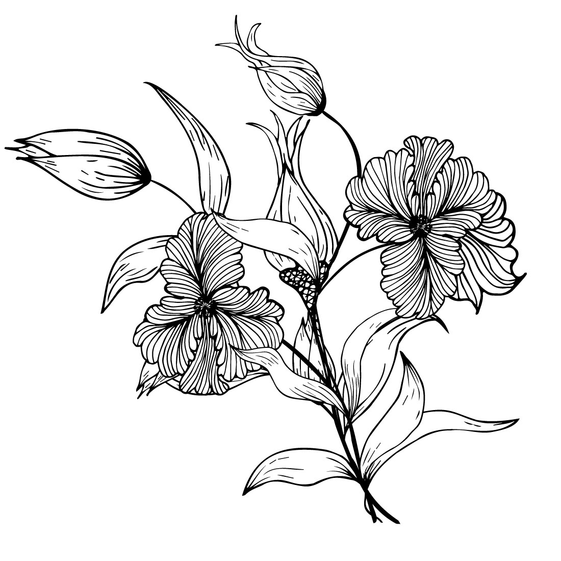 Hand drawn flowers with leaves.