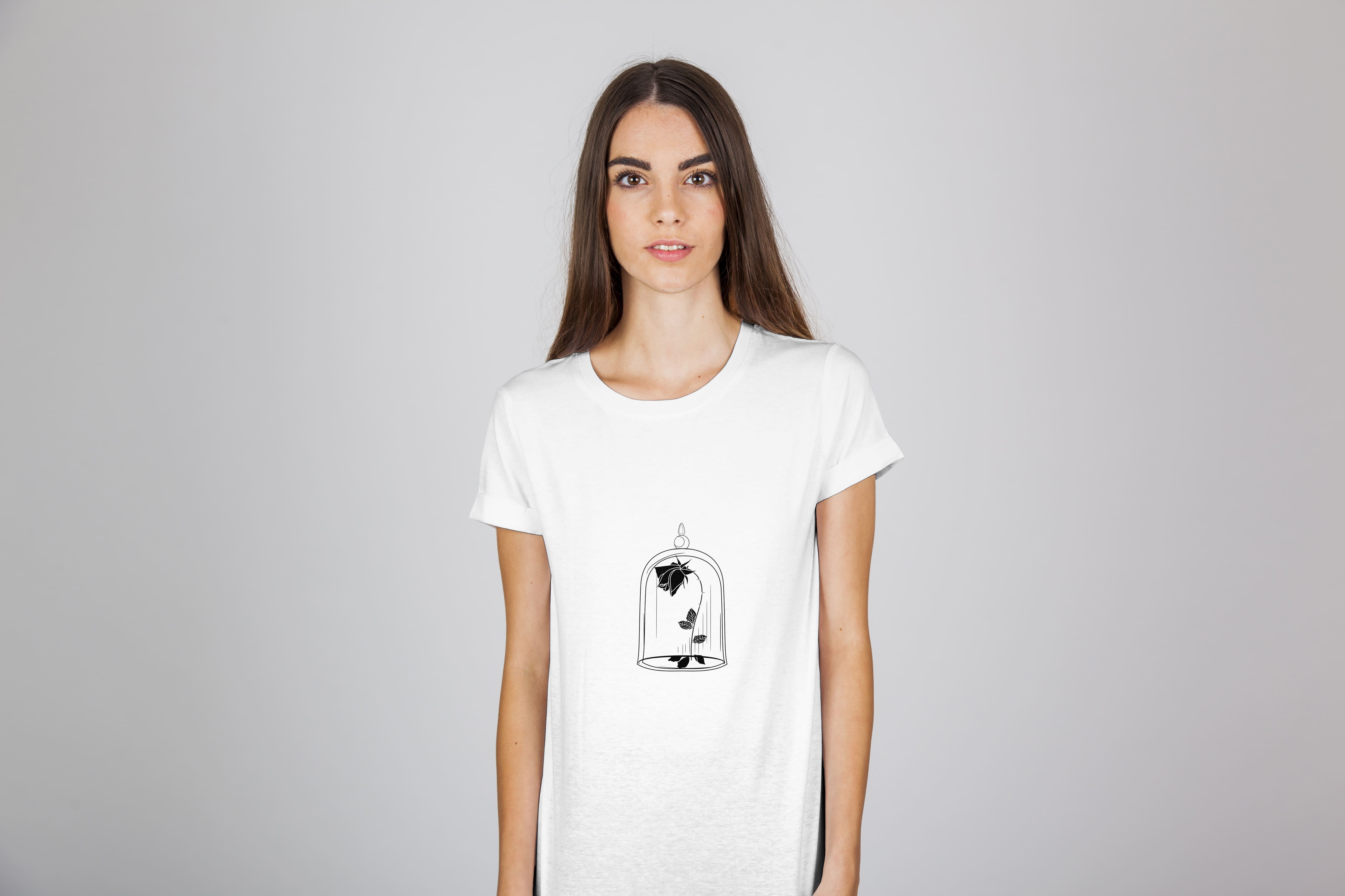 White t-shirt with the delicate dark rose graphic.