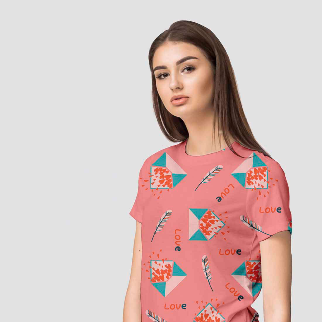 Image of a T-shirt with a charming pattern on the theme of Valentine's Day.