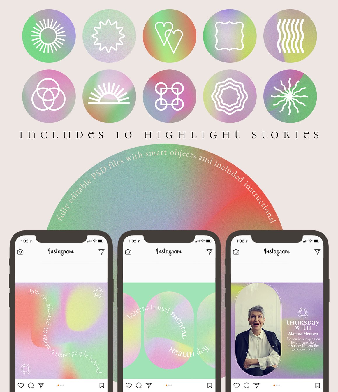 3 iphone mockups with posts and 10 highlights stories templates.