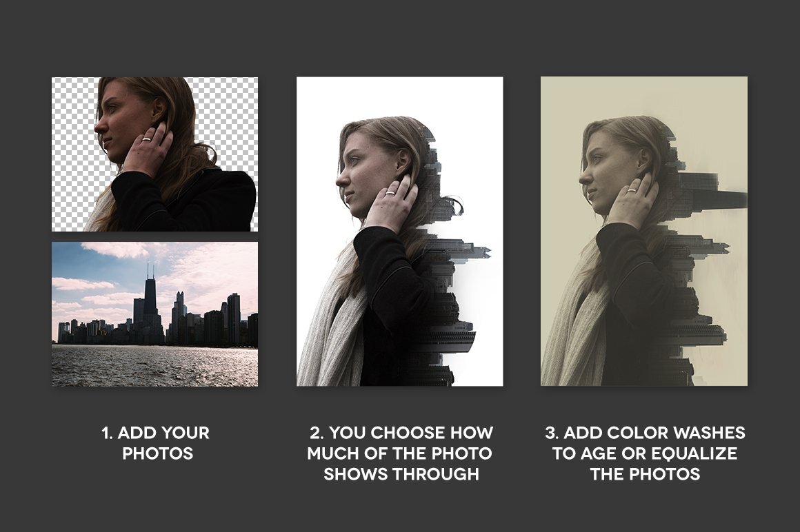 Image with the process of creating a colorful double exposure image.