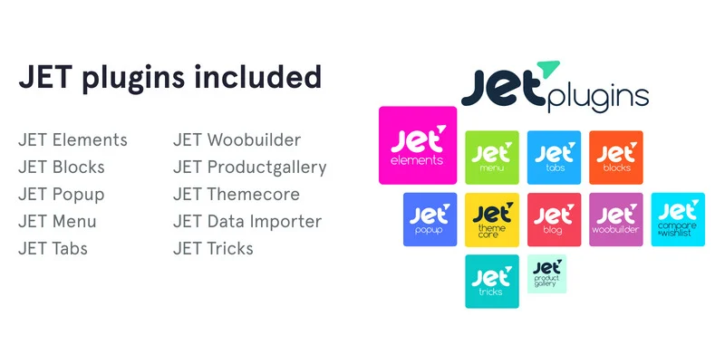 Black bulleted list "JET plugins included" and colorful icons of JET plugins on a white background.