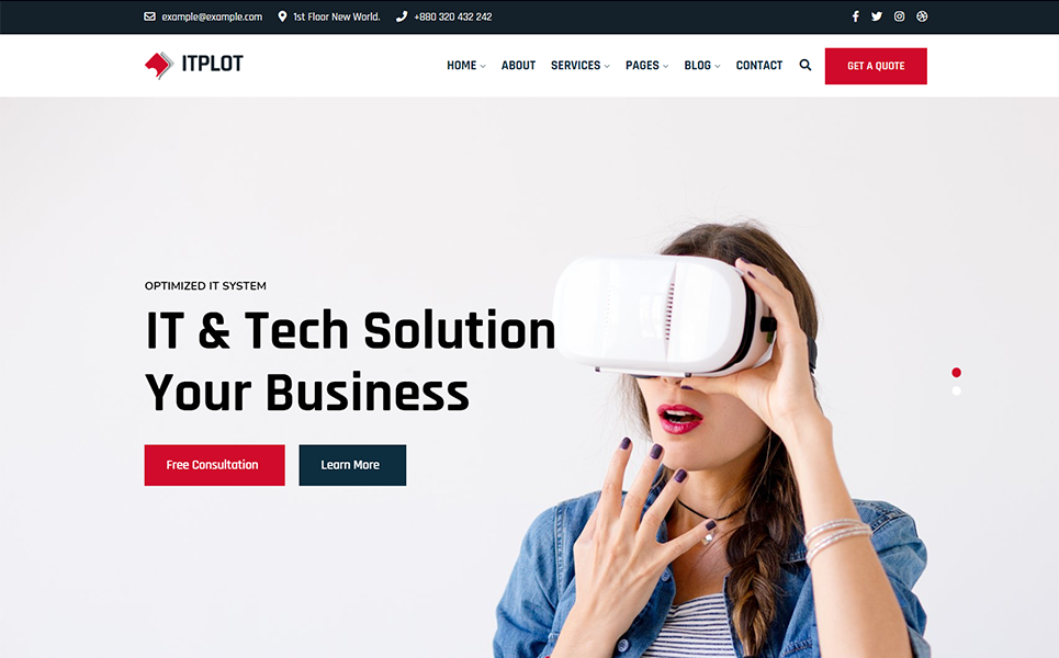Black lettering "IT & Tech Solution Your Business" and red and blue buttons and image of girl with VR glasses.