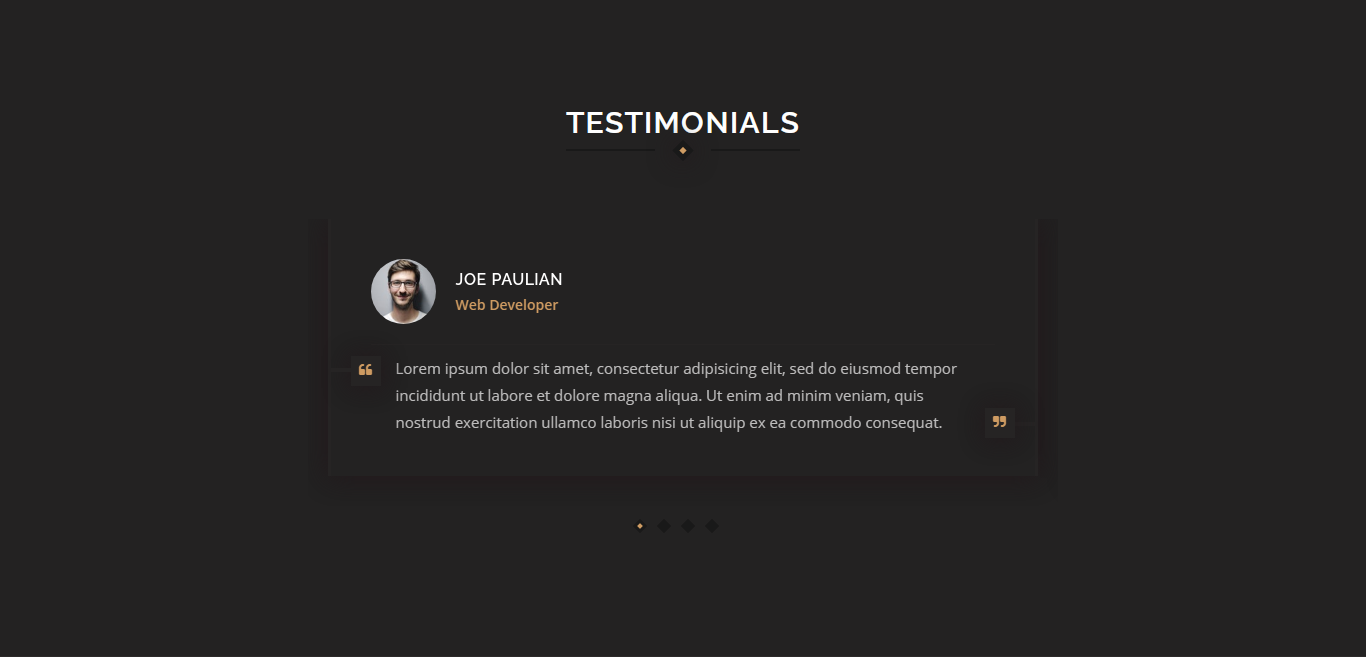 White lettering "Testimonials" and quote by Joe Paulian on a dark gray background.
