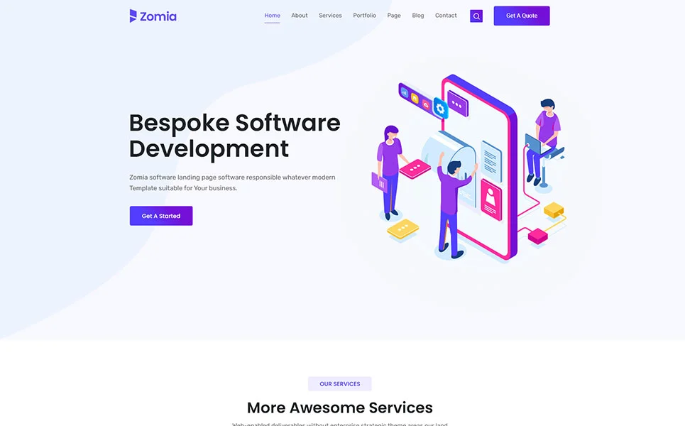 Purple and light blue template of zomia multi-purpose wordpress theme for saas startup.