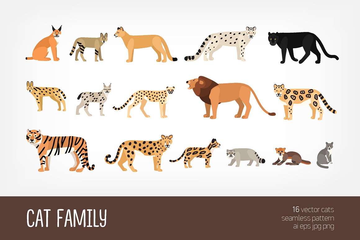 White lettering "Cat family" and different animal illustrations on a gray background.