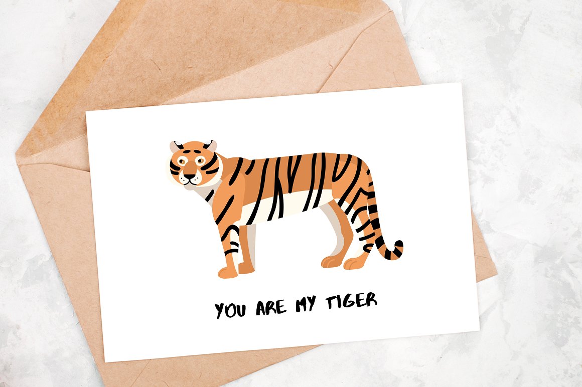 White card with illustration of a tiger and black lettering on the craft envelope.