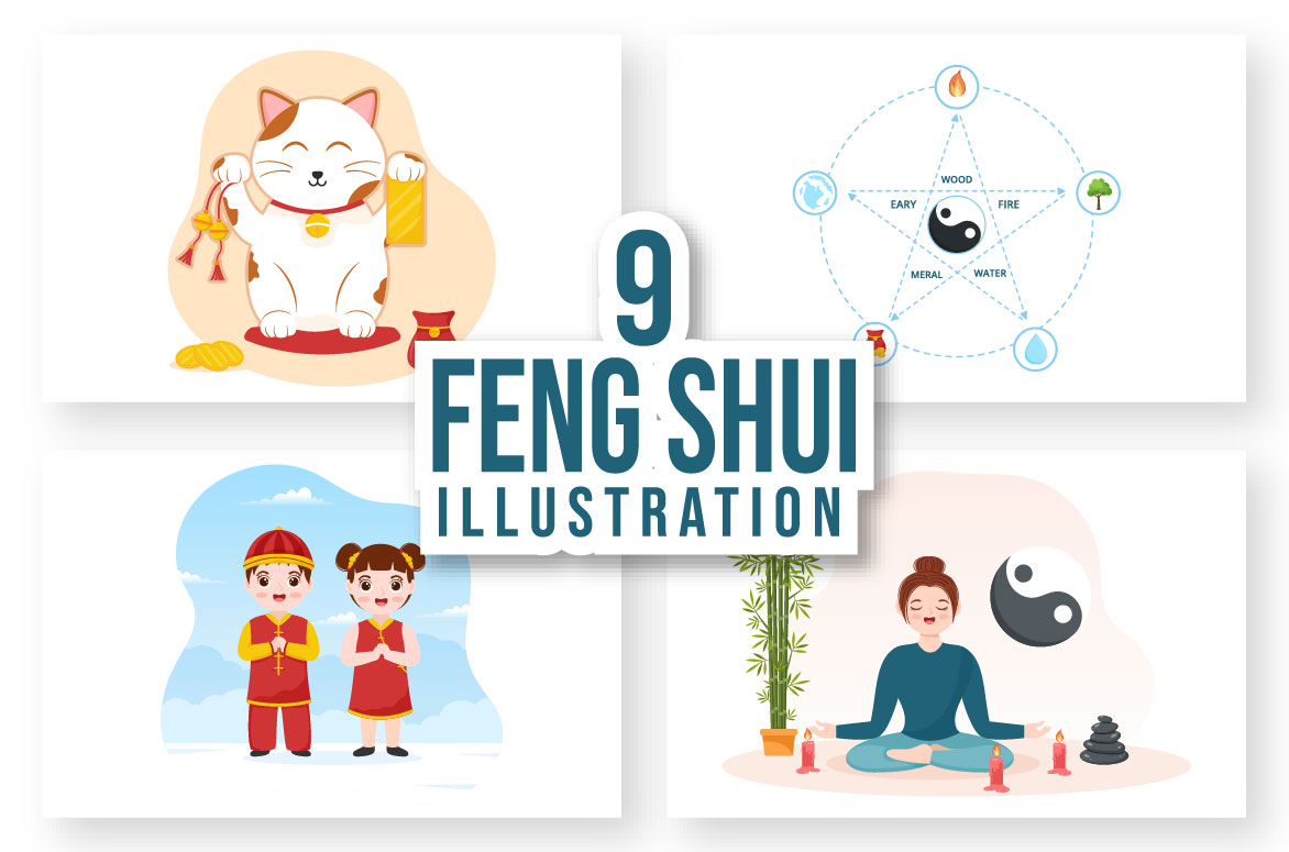 So cute feng shui illustrations set.