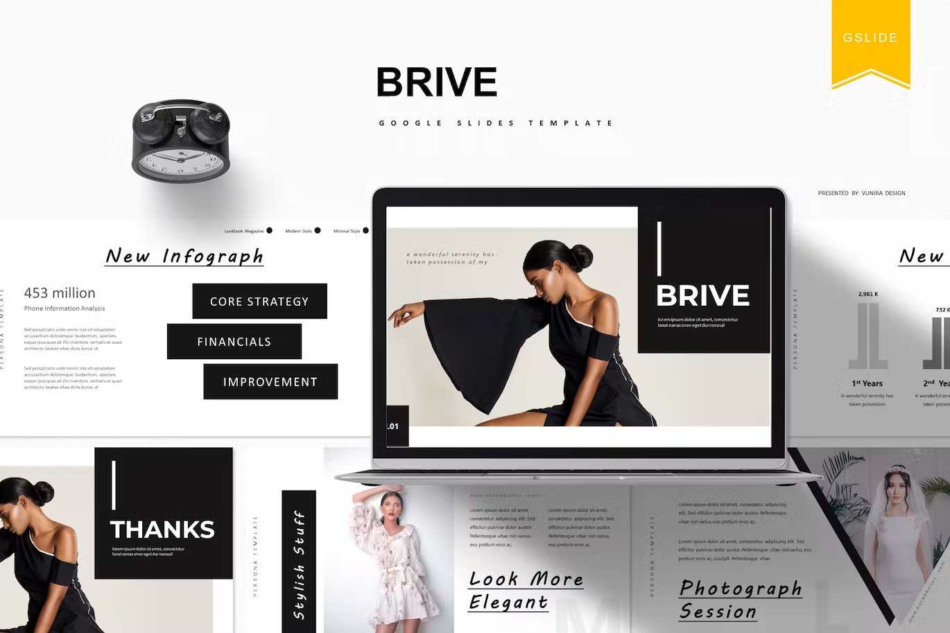 Black lettering "Brive Google Slides Template" and different templates on a gray background.