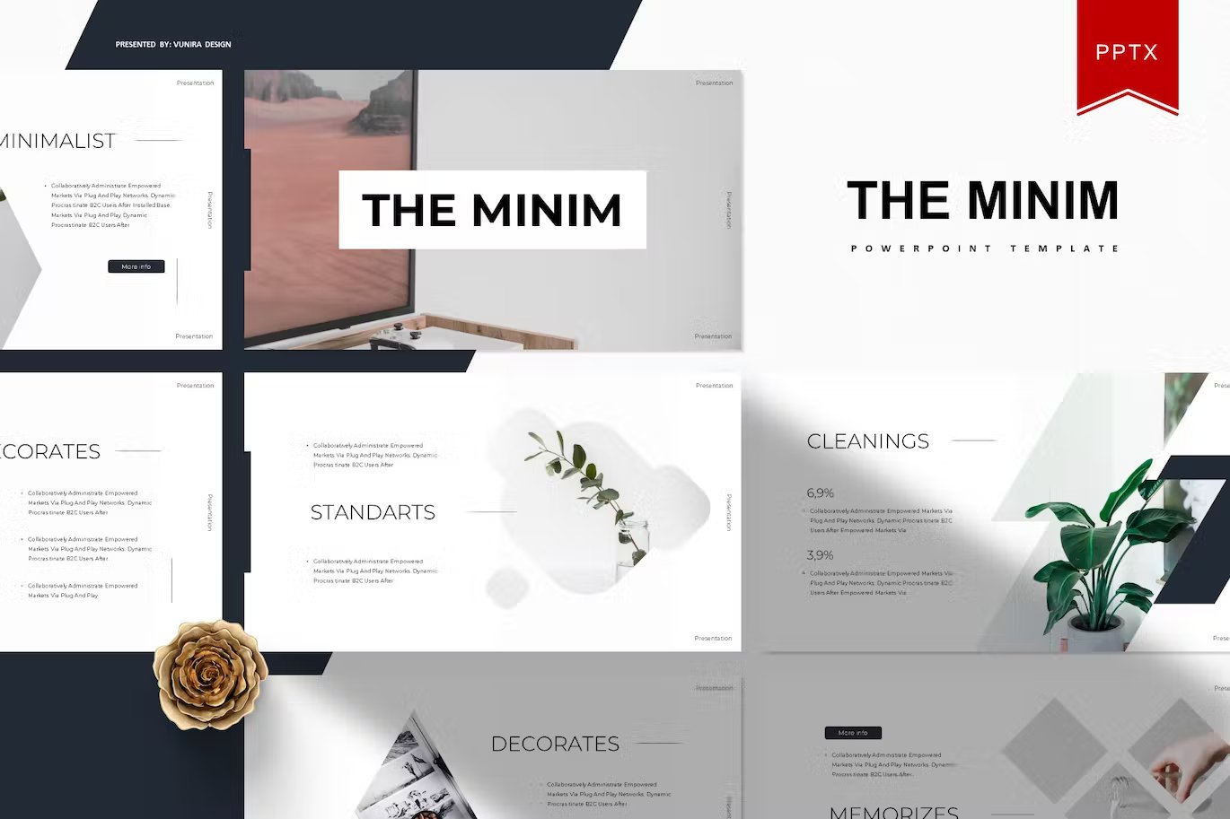 Black lettering "The Minim Powerpoint Template" and different templates on a gray background.