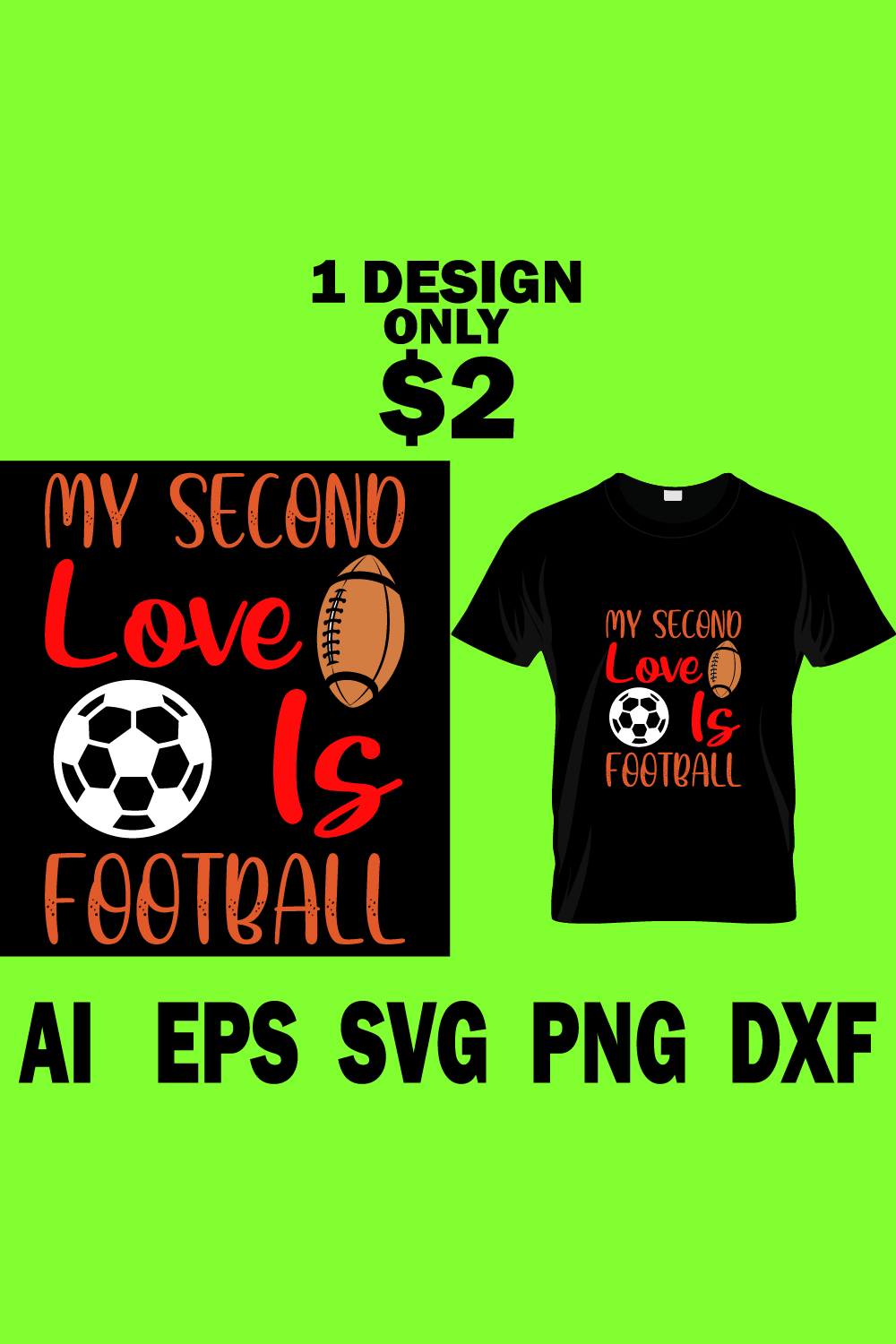 Image of a black t-shirt with a beautiful inscription My Second Love Is Football