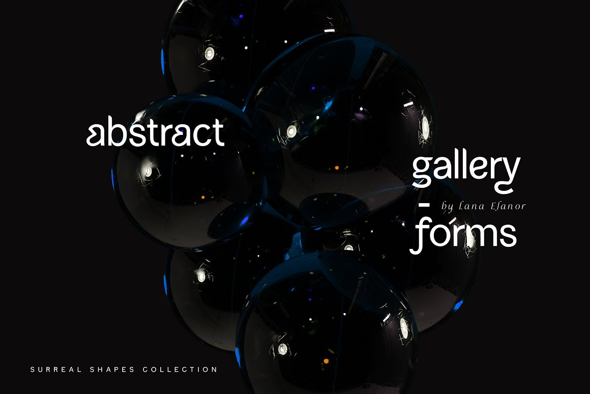 White lettering "Abstract Gallety Forms" on the black background with black 3d abstract shape.
